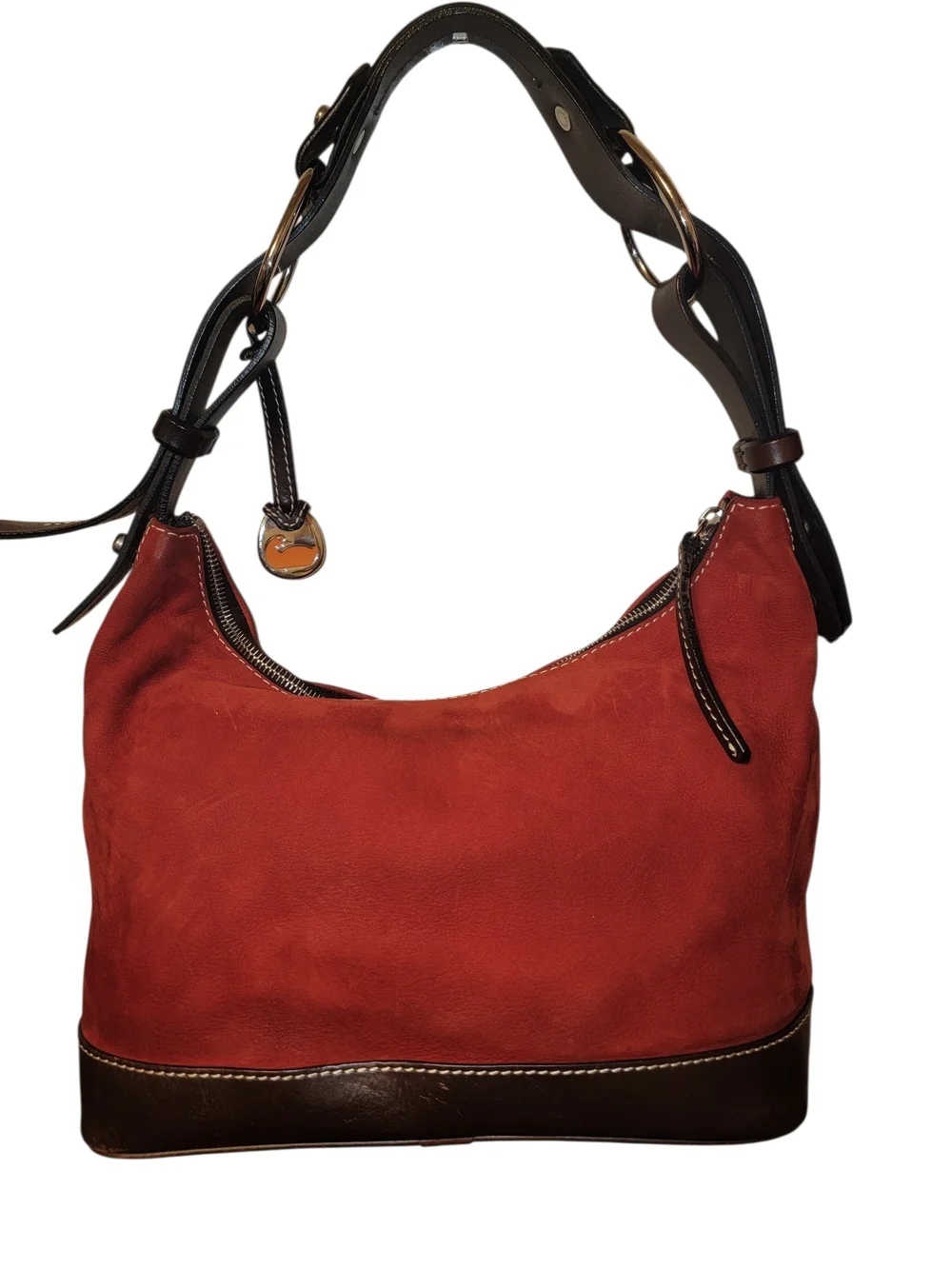 Dooney & Bourke Red Suede Hobo with Dark Brown Leather Trim